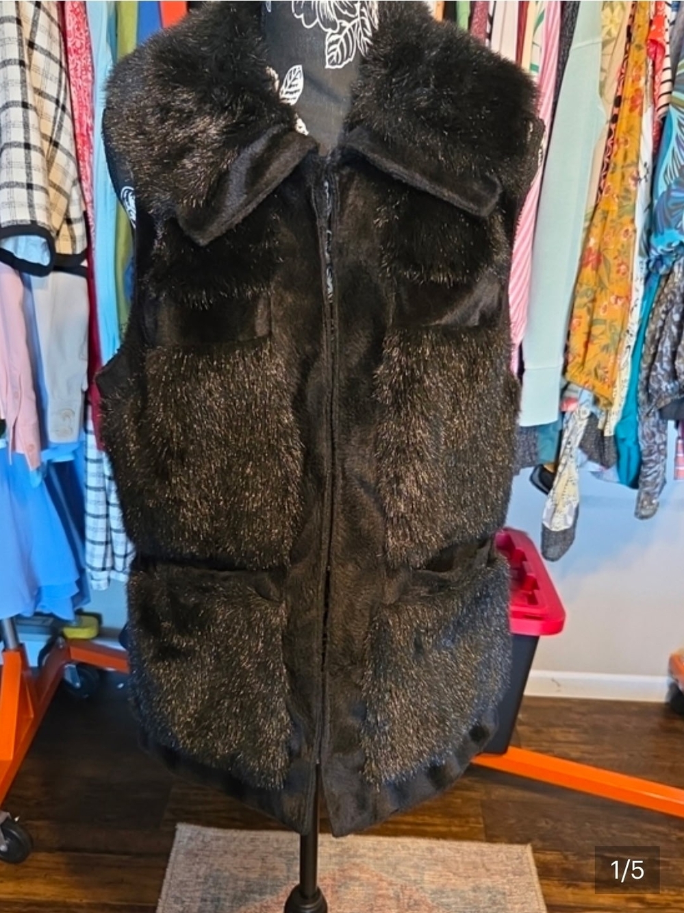 Black Faux Fur Zip-Front Vest with Stand Collar